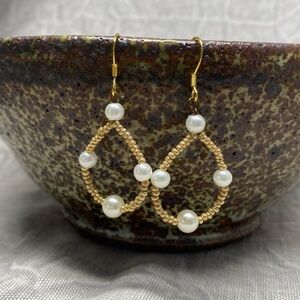 Gold and Pearl Beaded Teardrop Earrings